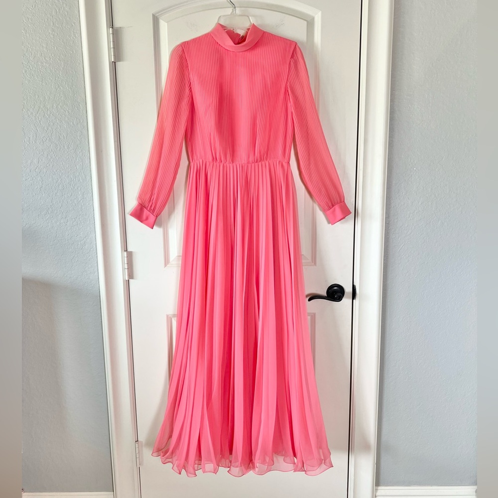 Vintage Miss Elliette Chiffon Accordion Pleat Gown - Coral Pink 1960s Maxi Dress